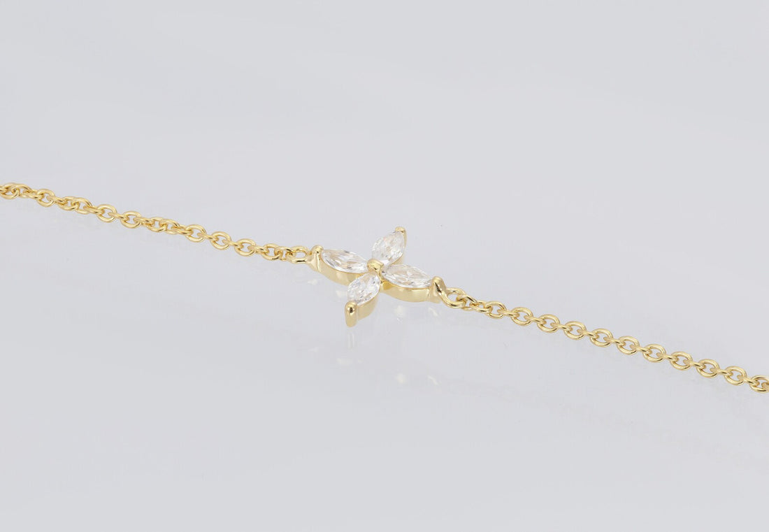 Marquise Cut Moissanite Flower Necklace, Sterling Silver Dainty Flower Pendant, Adjustable Layering Necklace, Minimalist Bridal Necklace
