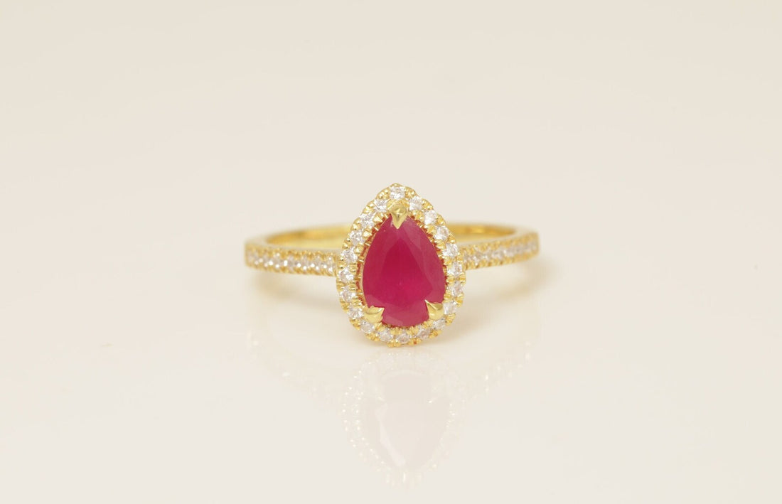 1.25 CT Diamond Halo Ruby Engagement Ring, July Birthstone Ring, Pear Shape Ruby Wedding Ring, Unique Promise Ring, Anniversary Ring