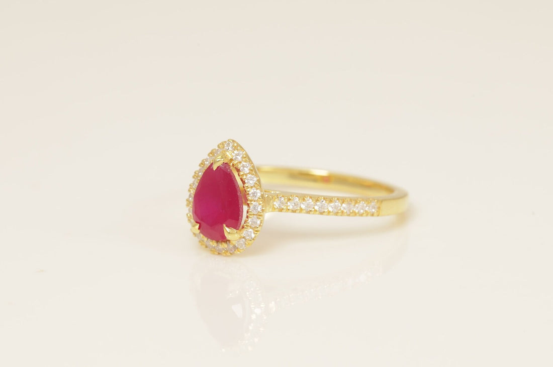 1.25 CT Diamond Halo Ruby Engagement Ring, July Birthstone Ring, Pear Shape Ruby Wedding Ring, Unique Promise Ring, Anniversary Ring