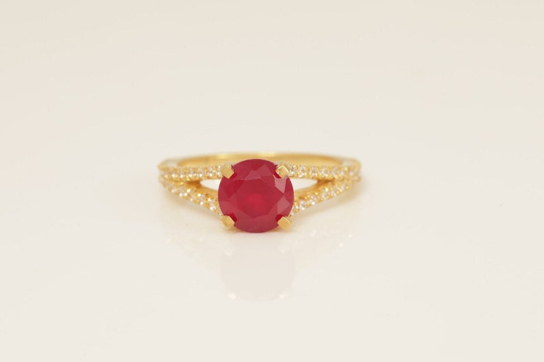 Split Shank Ruby Engagement Ring, July Birthstone Ring, Diamond Halo Anniversary Ring, Bridal Promise Ring Gift for Her