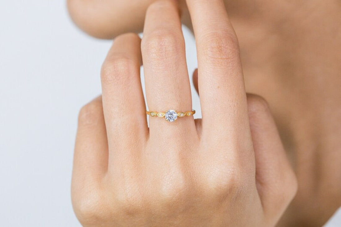 5mm Round Moissanite Engagement Ring, Marquise Set Promise Ring, Diamond Wedding Ring, Bridal Anniversary Ring