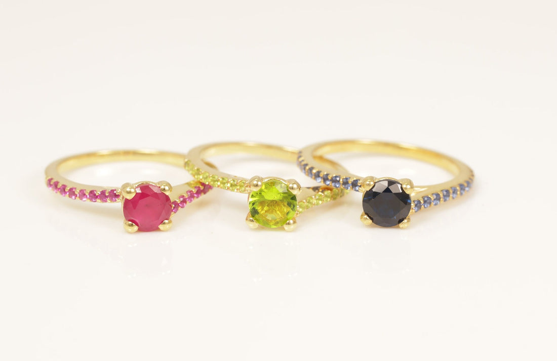 Cathedral Set Gemstones Engagement Ring, Gemstone Wedding Ring, Birthstone Ring, Bridal Promise Ring, Anniversary Gift