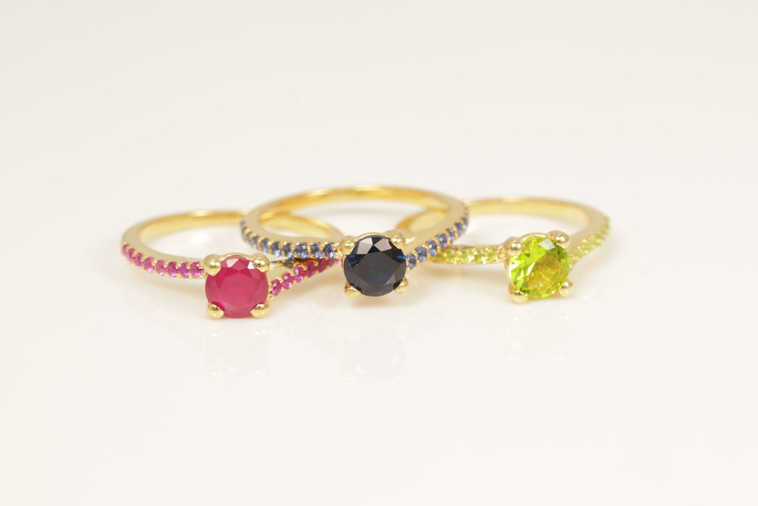 Cathedral Set Gemstones Engagement Ring, Gemstone Wedding Ring, Birthstone Ring, Bridal Promise Ring, Anniversary Gift