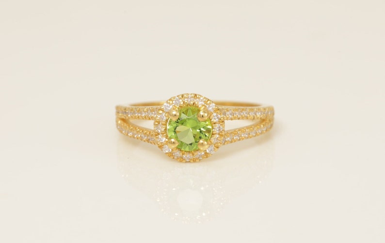 Split Shank Peridot Engagement Ring, July Birthstone Ring, Round Diamond Halo Anniversary Ring, Bridal Promise Ring