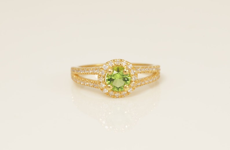 Split Shank Peridot Engagement Ring, July Birthstone Ring, Round Diamond Halo Anniversary Ring, Bridal Promise Ring