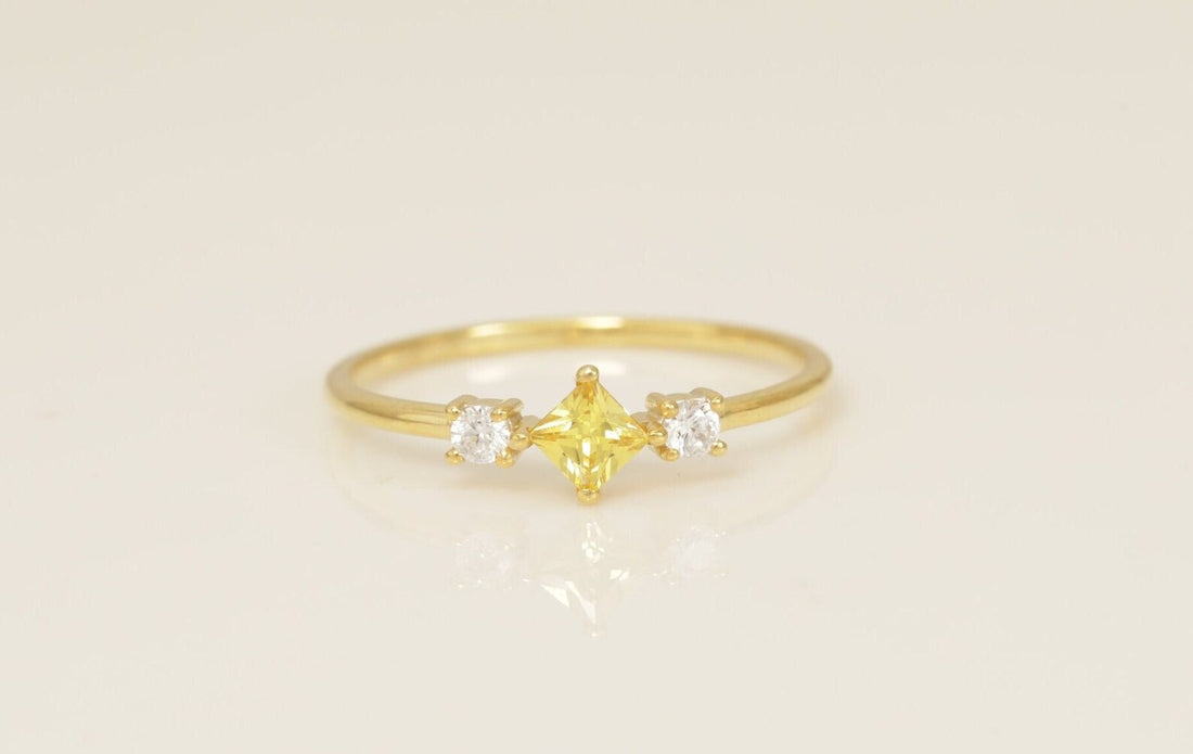 Three Stone Yellow Sapphire Engagement Ring, September Birthstones Ring, Cluster Wedding Ring, Bridal Promise Ring