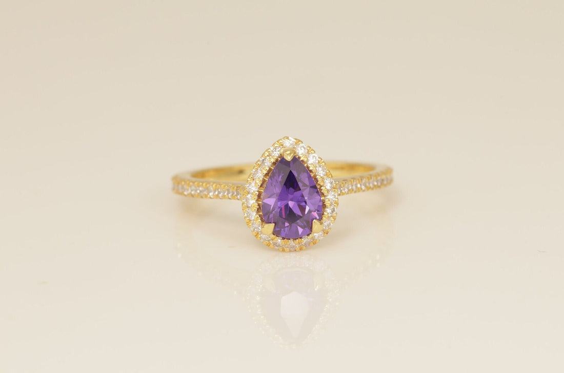 1.25 CT Diamond Halo Amethyst Engagement Ring, February Birthstone Ring, Pear Shape Amethyst Wedding Ring, Unique Promise Ring
