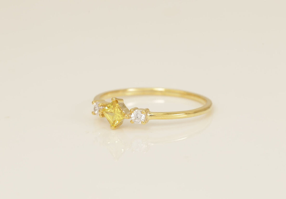 Three Stone Yellow Sapphire Engagement Ring, September Birthstones Ring, Cluster Wedding Ring, Bridal Promise Ring