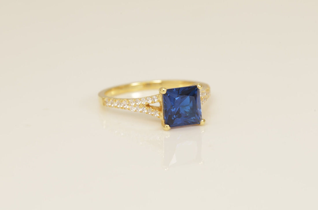 Split Shank Blue Sapphire Engagement Ring, Princess Cut Blue Sapphire Wedding Ring, September Birthstone Ring, Bridal Promise Ring
