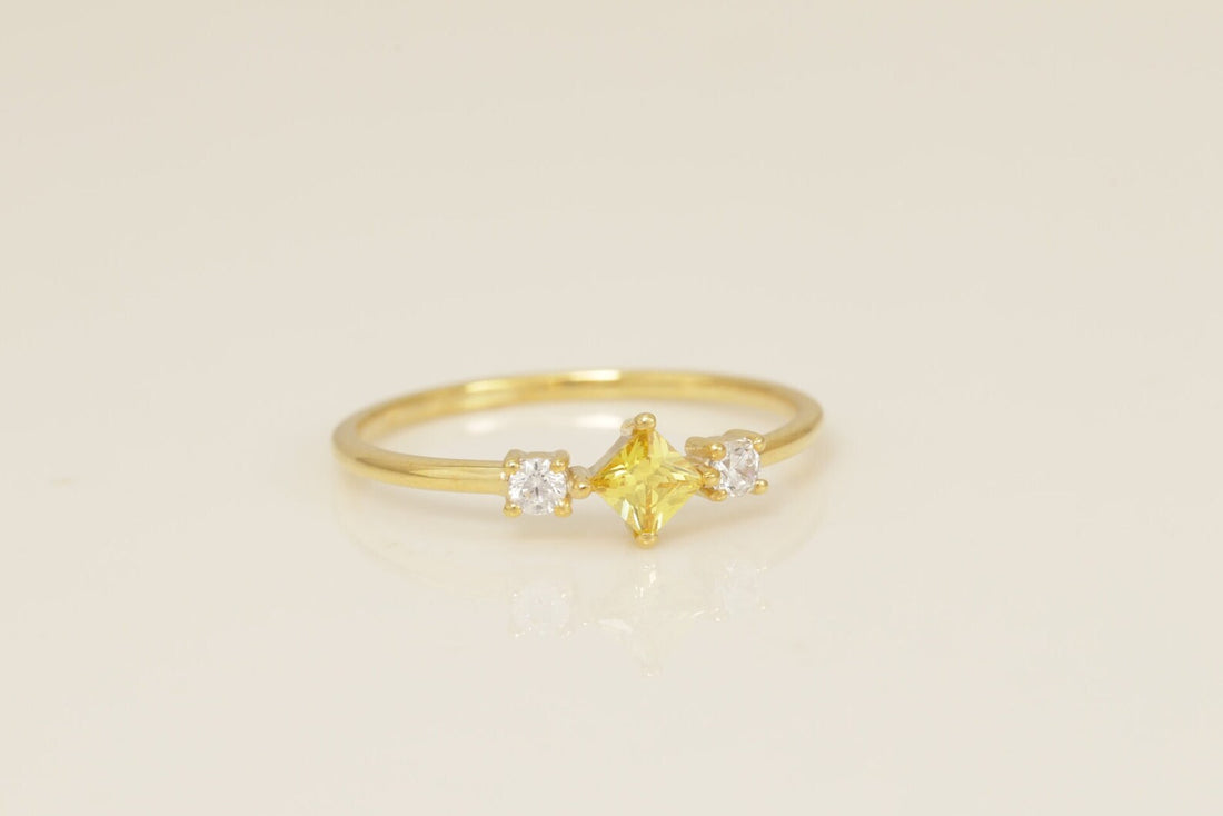 Three Stone Yellow Sapphire Engagement Ring, September Birthstones Ring, Cluster Wedding Ring, Bridal Promise Ring
