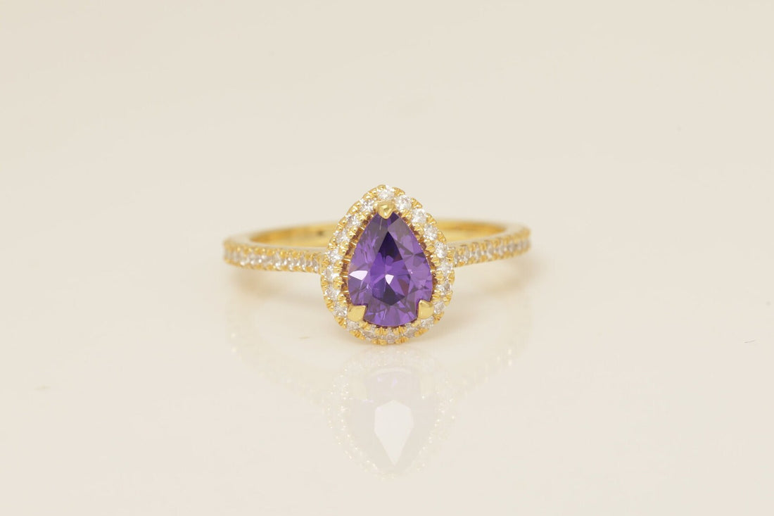 1.25 CT Diamond Halo Amethyst Engagement Ring, February Birthstone Ring, Pear Shape Amethyst Wedding Ring, Unique Promise Ring