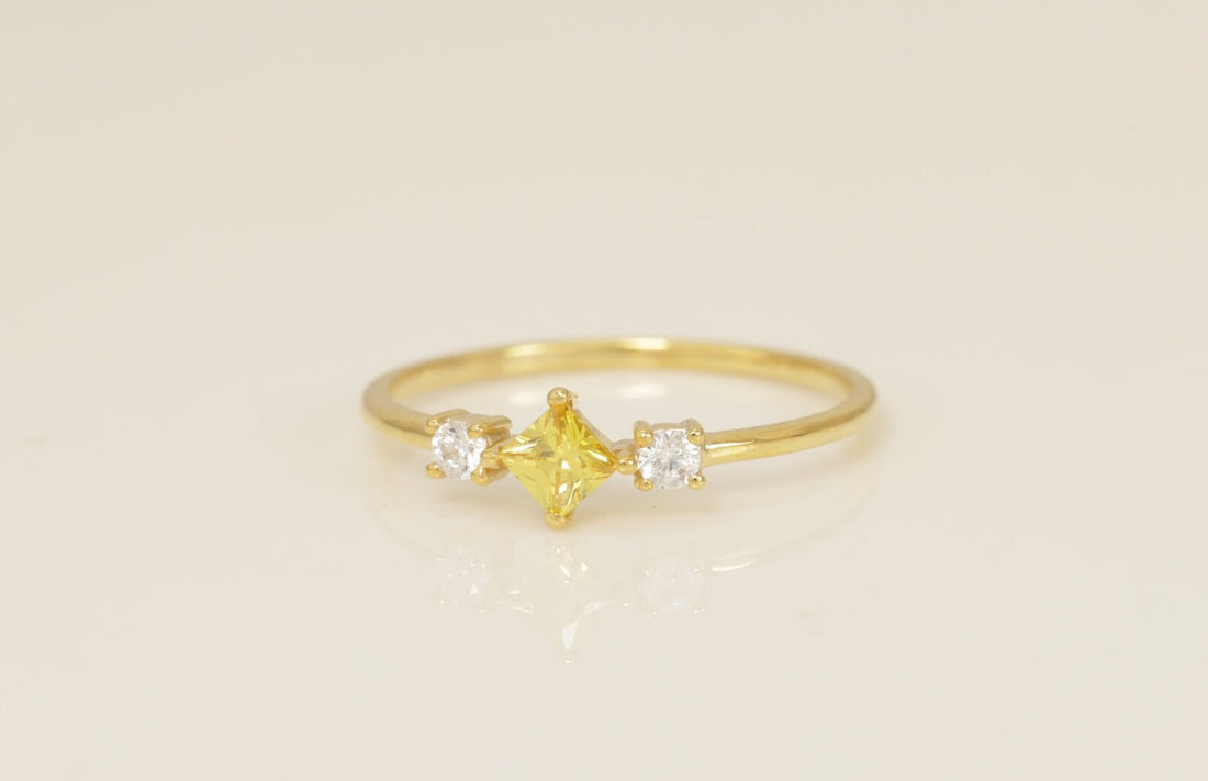 Three Stone Yellow Sapphire Engagement Ring, September Birthstones Ring, Cluster Wedding Ring, Bridal Promise Ring