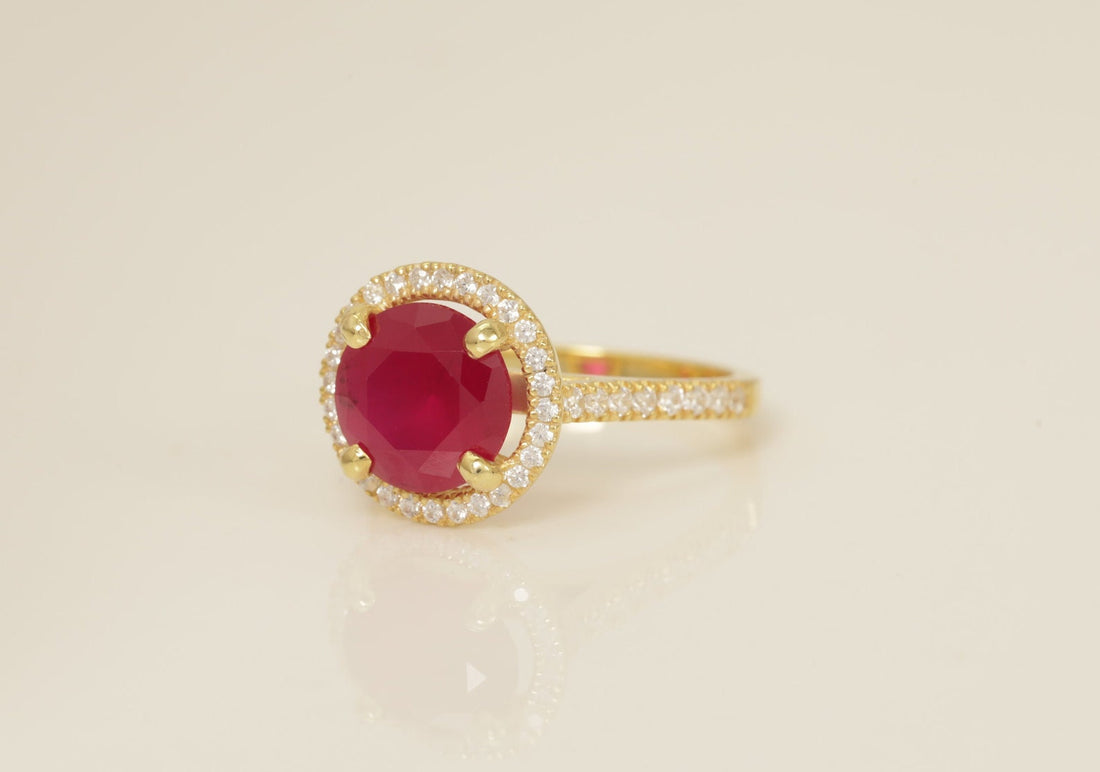 Diamond Halo Ruby Engagement Ring, July Birthstone Ring, Bridal Promise Ring, Anniversary Ring Gift for Her