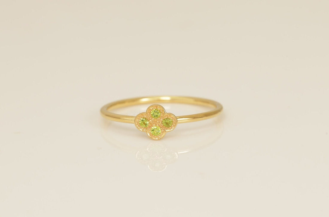 Clover Peridot Engagement Ring, Clover Wedding Ring, August Birthstones Gift, Anniversary Ring Gift for Her