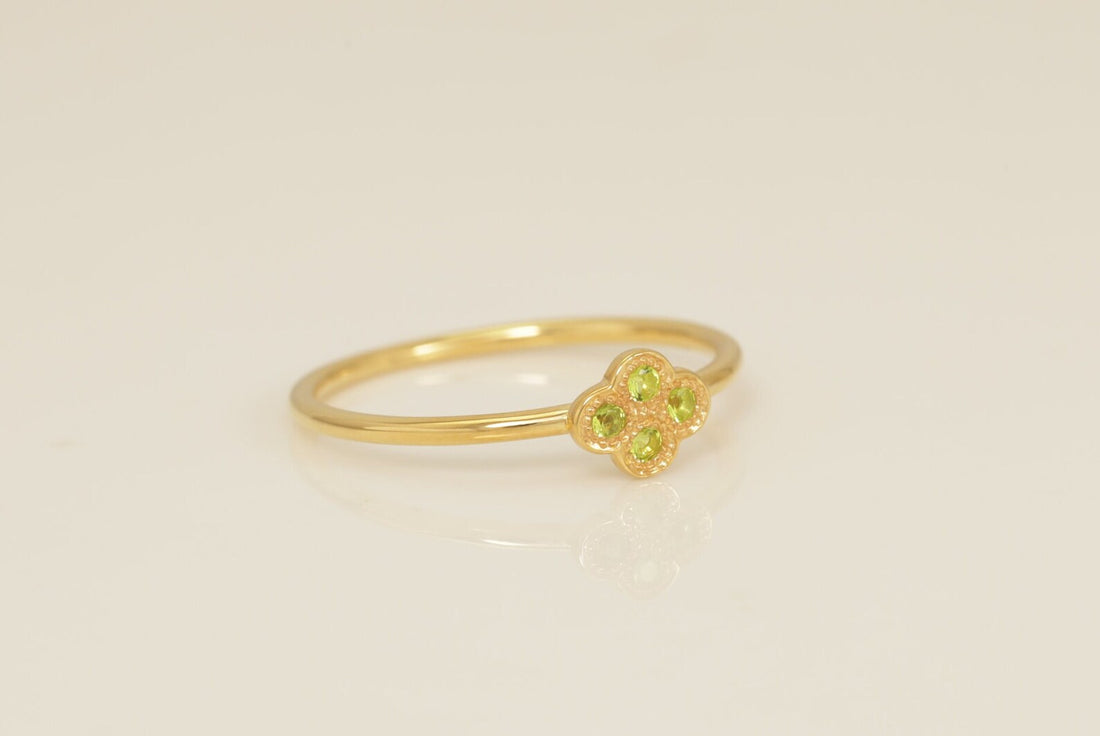 Clover Peridot Engagement Ring, Clover Wedding Ring, August Birthstones Gift, Anniversary Ring Gift for Her