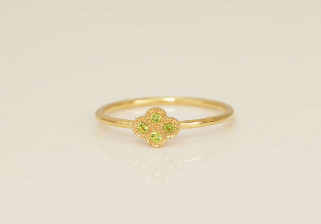 Clover Peridot Engagement Ring, Clover Wedding Ring, August Birthstones Gift, Anniversary Ring Gift for Her