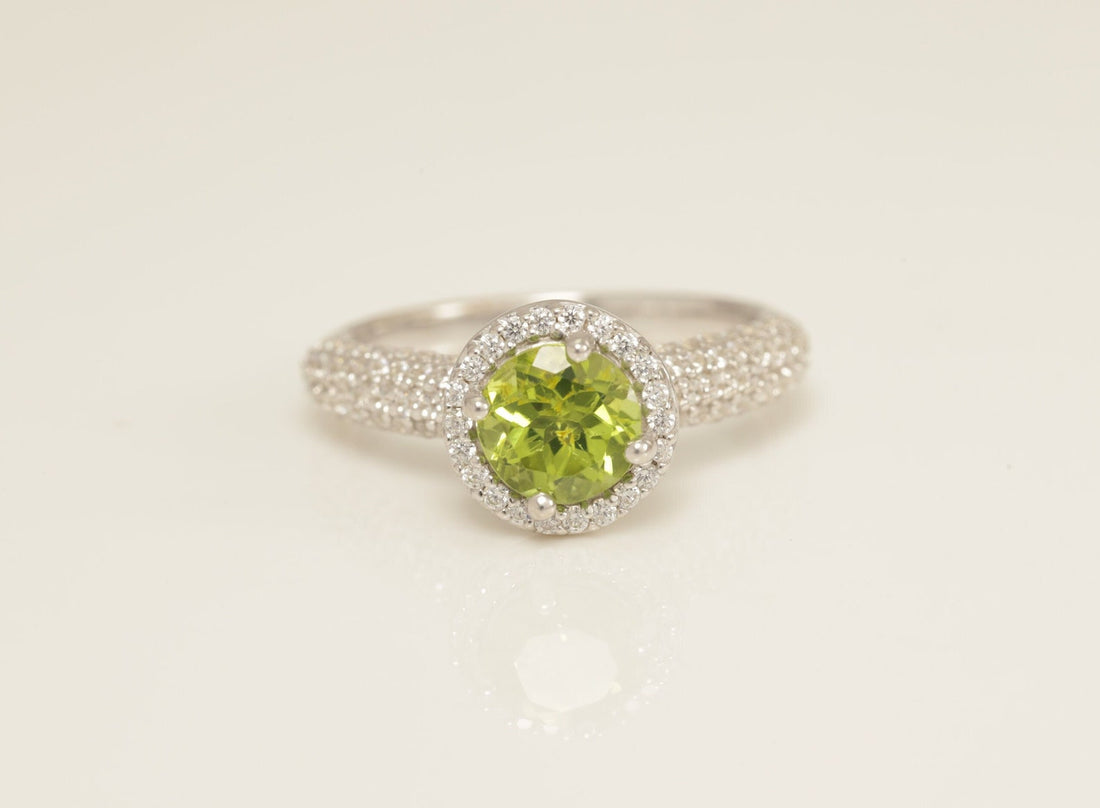 Diamond Halo Peridot Engagement Ring, August Birthstone Ring, Micro Pave Wedding Ring, Delicate Promise Ring, Anniversary Gift