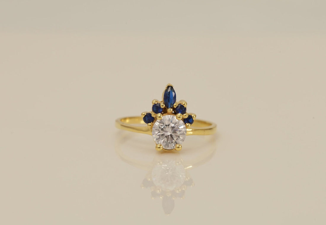 Blue Sapphire and Diamond Engagement Ring, September Birthstone Ring, Sapphire & Diamond Crown Ring, Unique Promise Ring