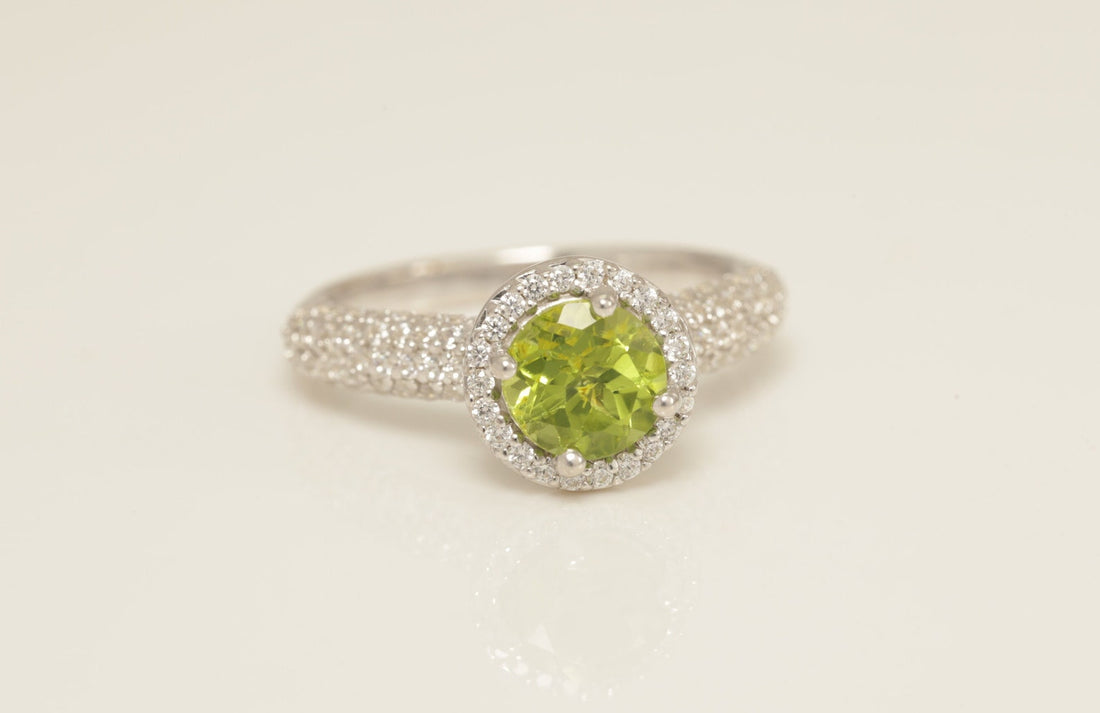Diamond Halo Peridot Engagement Ring, August Birthstone Ring, Micro Pave Wedding Ring, Delicate Promise Ring, Anniversary Gift