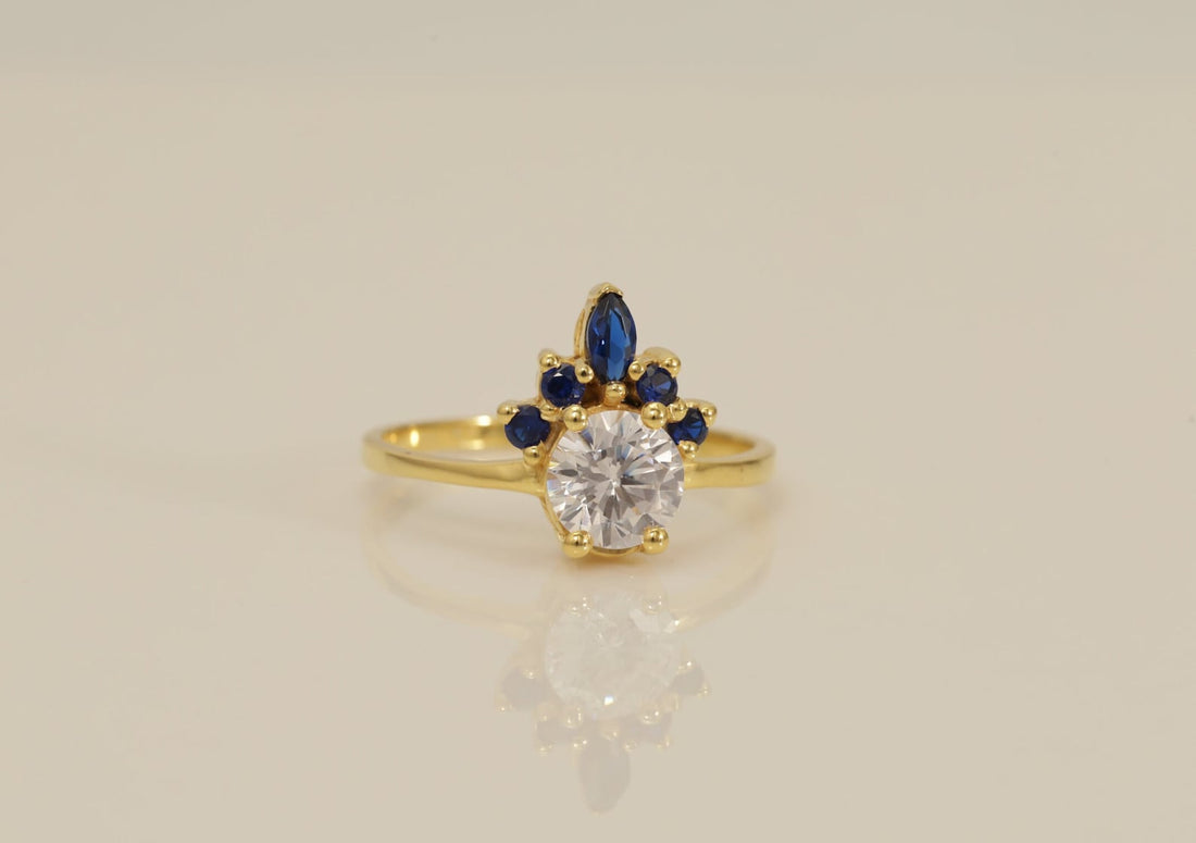 Blue Sapphire and Diamond Engagement Ring, September Birthstone Ring, Sapphire & Diamond Crown Ring, Unique Promise Ring