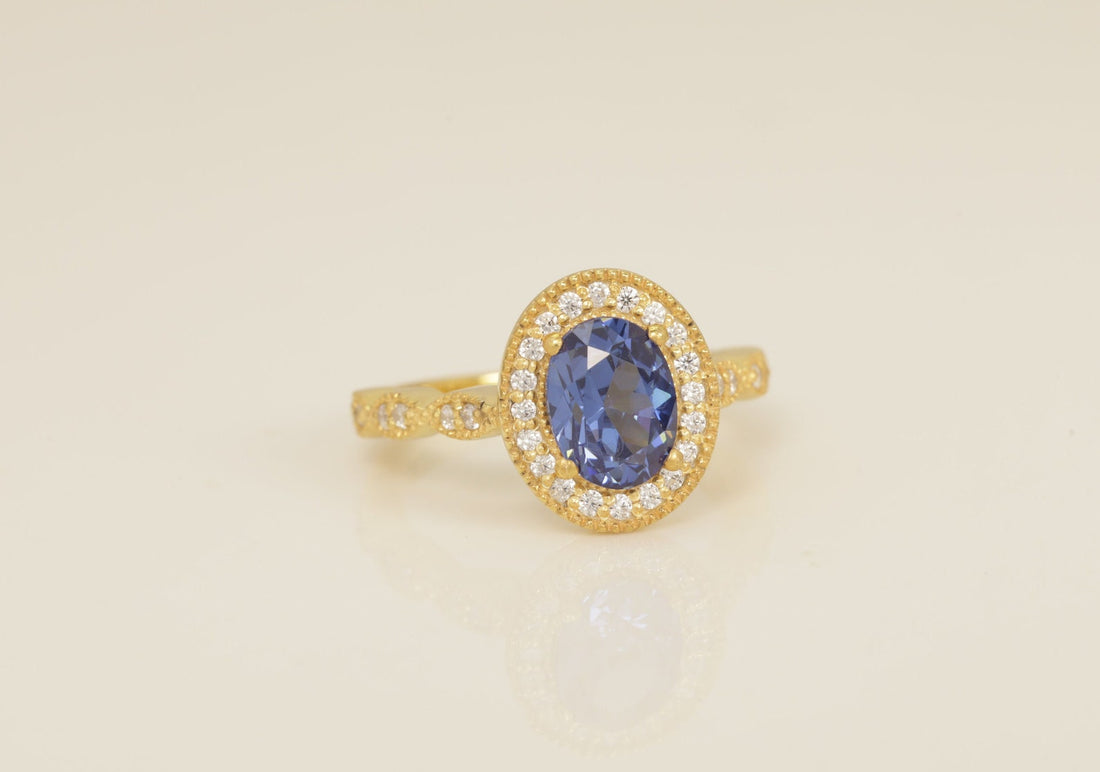 Diamond Halo Blue Sapphire Engagement Ring, September Birthstone Ring, Oval Shape Blue Sapphire Wedding Ring, Anniversary Ring