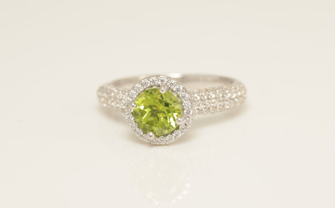 Diamond Halo Peridot Engagement Ring, August Birthstone Ring, Micro Pave Wedding Ring, Delicate Promise Ring, Anniversary Gift