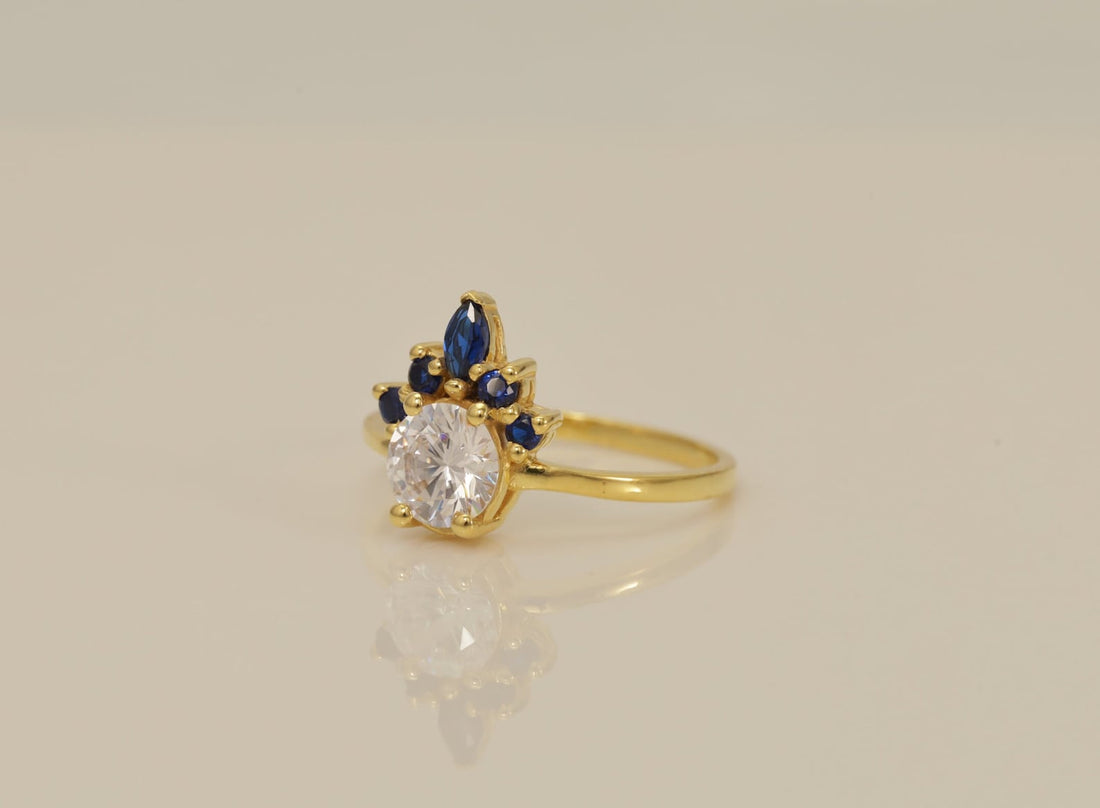 Blue Sapphire and Diamond Engagement Ring, September Birthstone Ring, Sapphire & Diamond Crown Ring, Unique Promise Ring
