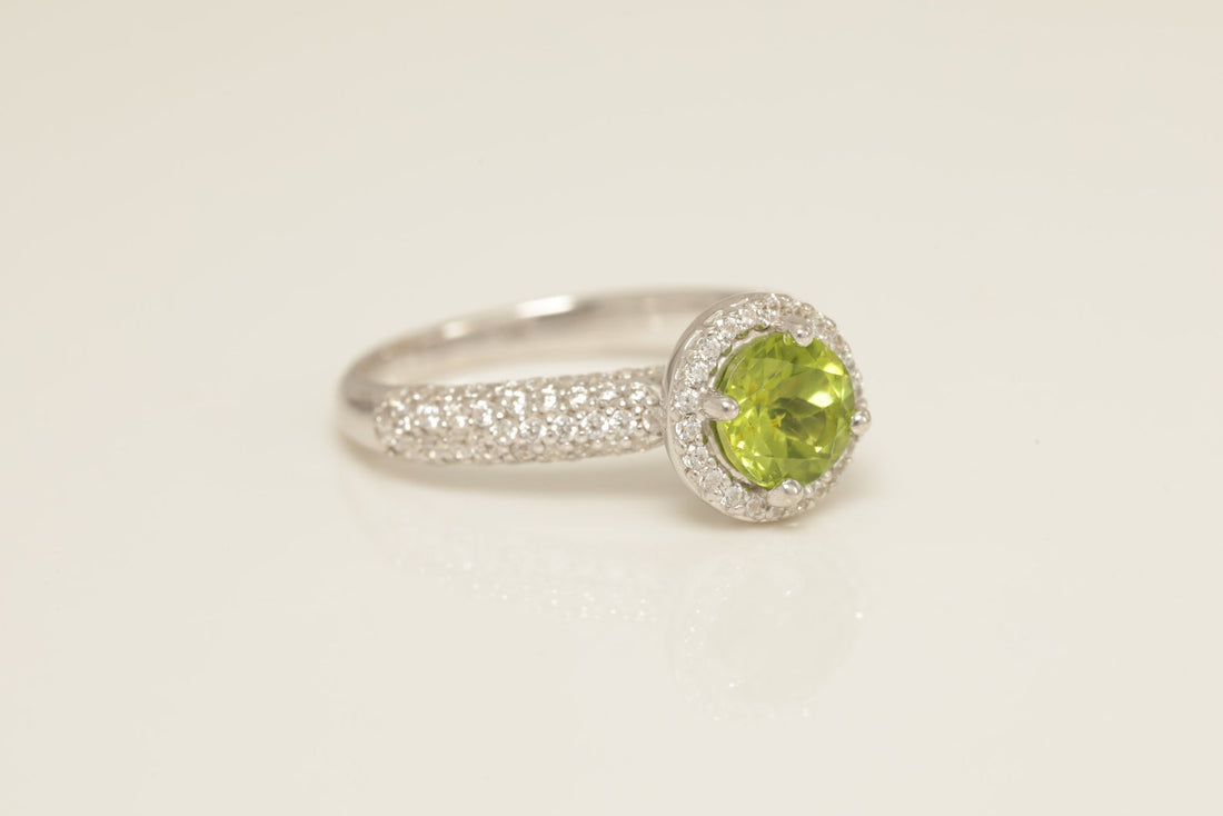 Diamond Halo Peridot Engagement Ring, August Birthstone Ring, Micro Pave Wedding Ring, Delicate Promise Ring, Anniversary Gift