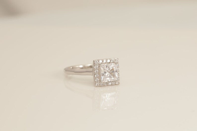 Princess Cut Diamond Engagement Ring, Vintage Diamond Wedding Band, Anniversary Ring, Bridal Promise Ring