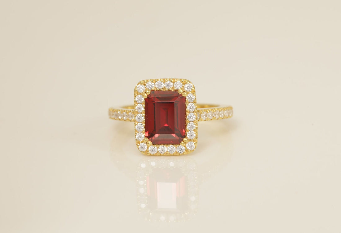 Diamond Halo Garnet Engagement Ring, January Birthstone Ring, Bridal Promise Ring, Anniversary Ring Gift for Her