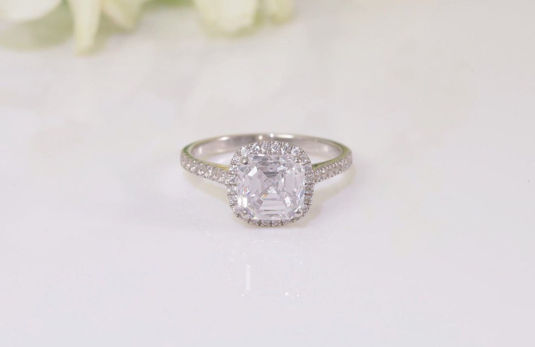 9x9mm Asscher Cut Diamond Halo Engagement Ring, 4.0 CT Diamond Proposal Ring for Her, Square Diamond Ring, Promise Ring