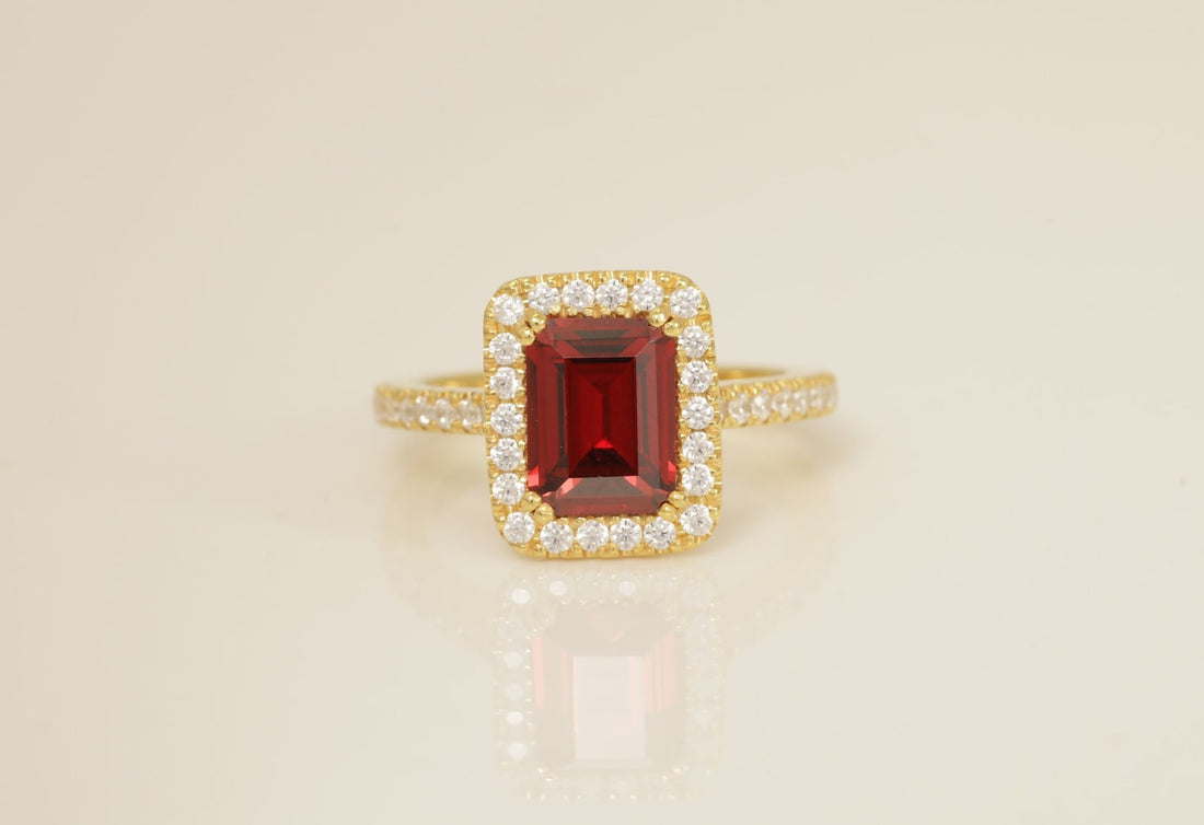 Diamond Halo Garnet Engagement Ring, January Birthstone Ring, Bridal Promise Ring, Anniversary Ring Gift for Her