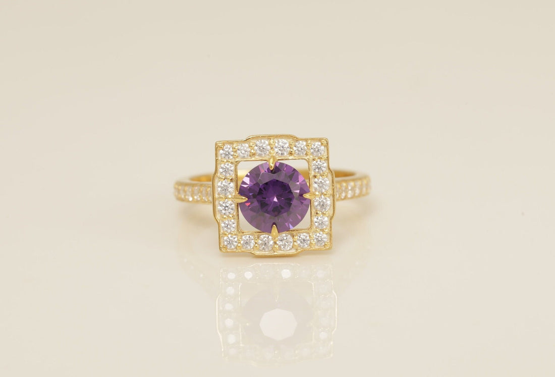 Diamond Halo Amethyst Engagement Ring, February Birthstone Ring, Bridal Promise Ring for Women, Anniversary Ring