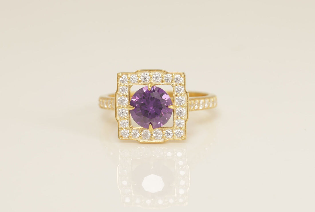 Diamond Halo Amethyst Engagement Ring, February Birthstone Ring, Bridal Promise Ring for Women, Anniversary Ring