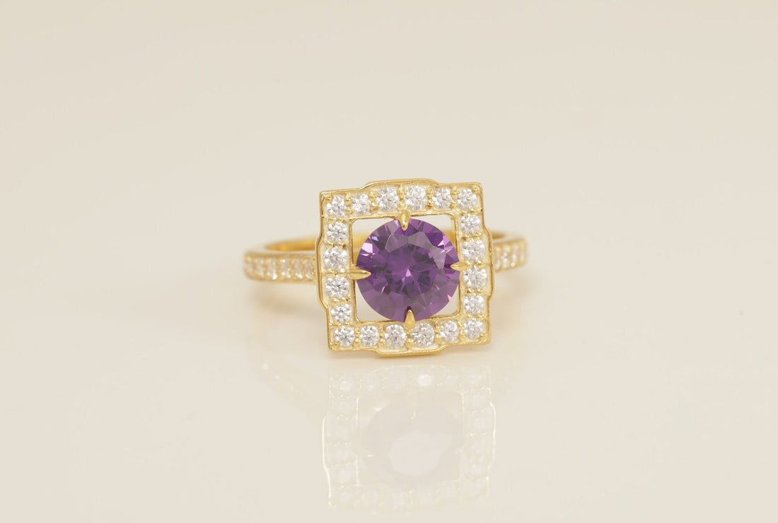 Diamond Halo Amethyst Engagement Ring, February Birthstone Ring, Bridal Promise Ring for Women, Anniversary Ring