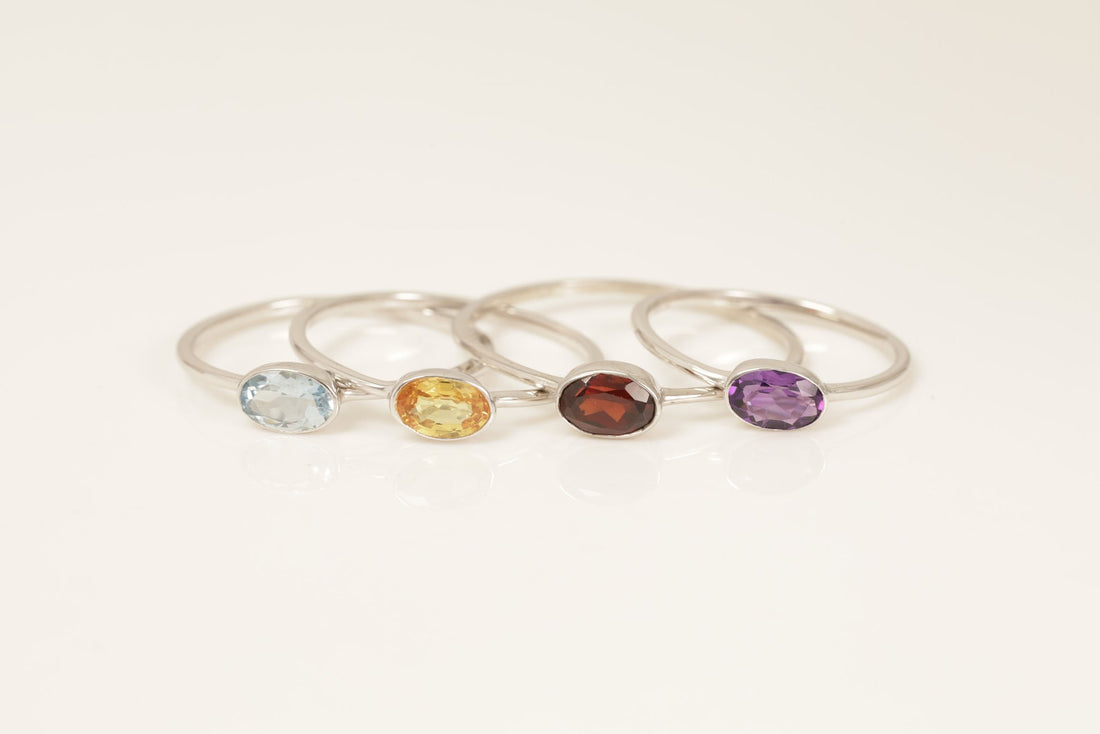 Bezel Set Gemstones Wedding Ring, Birthstone Ring Gift for Her, Bridal Promise Ring, Anniversary Ring