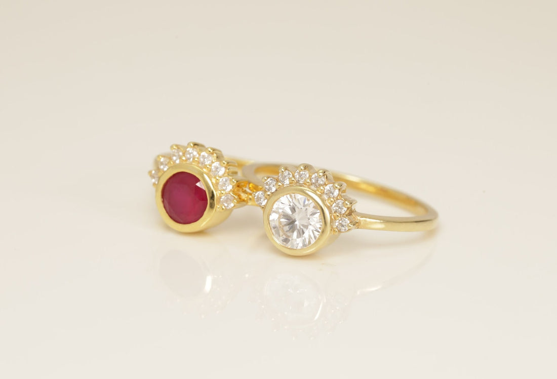 5.0mm Cluster Gemstones Engagement Ring, Bezel Set Solitaire Wedding Ring, Multi Birthstone Ring, Anniversary Ring Gift for Her