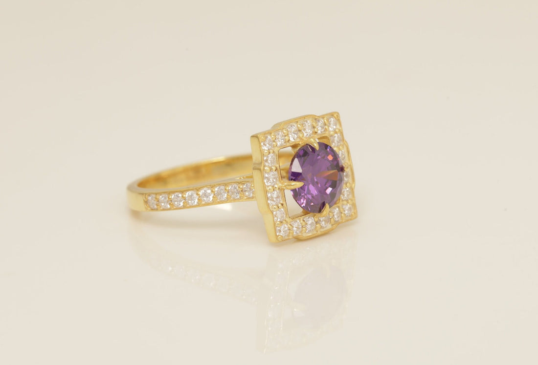 Diamond Halo Amethyst Engagement Ring, February Birthstone Ring, Bridal Promise Ring for Women, Anniversary Ring