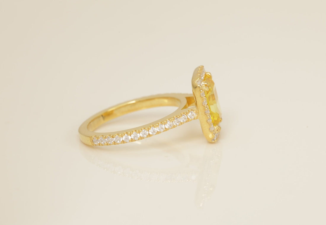 Diamond Halo Yellow Sapphire Engagement Ring, September Birthstone Ring, Bridal Promise Ring, Anniversary Ring Gift for Her