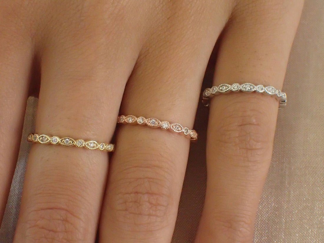 Marquise Shape Moissanite Wedding Band / Art Deco Moissanite Band / Stackable Band Gift for Her / Thin Dainty Band