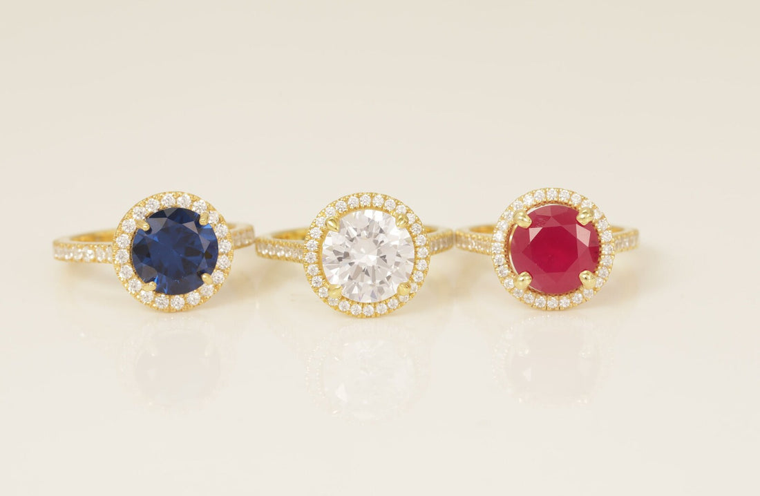 Diamond Halo Gemstones Engagement Ring, Birthstone Ring, Bridal Promise Ring Gift for Her, Anniversary Ring