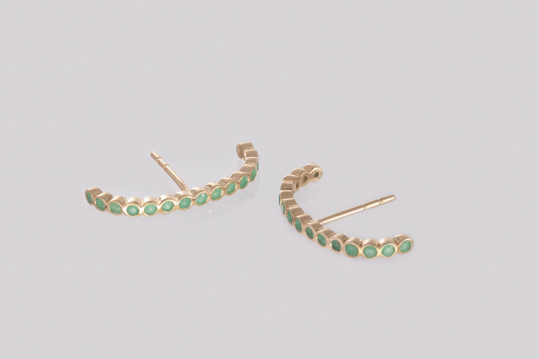 Emerald Earrings, Ear Lobe Emerald Cuff Earrings, Suspender Earrings, Dainty stud lobe cuff, May Birthstones