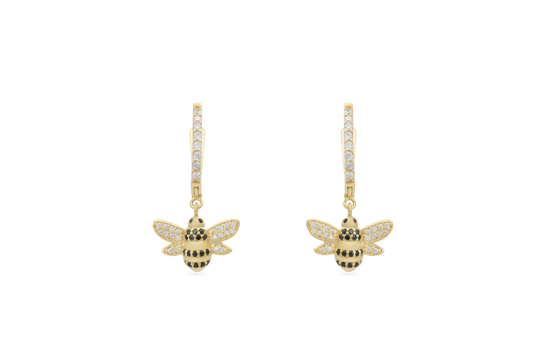 Honey Bee Hoop Earrings, 18K Gold Black Diamond Hoop Earrings, Dangle Hoop Earrings, Bridesmaid Gift, Animal Hoops