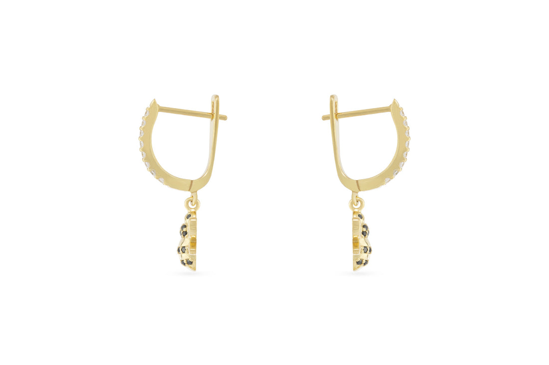 Honey Bee Hoop Earrings, 18K Gold Black Diamond Hoop Earrings, Dangle Hoop Earrings, Bridesmaid Gift, Animal Hoops