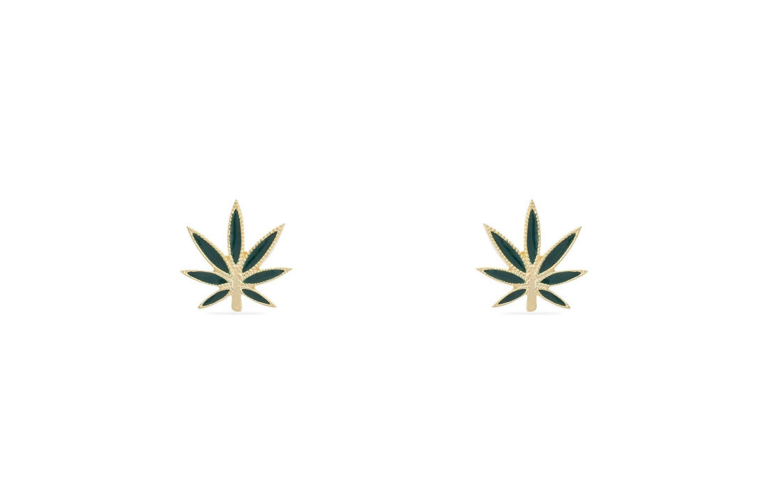 Cannabis Leaf Stud Earrings, Sterling Silver Marijuana Studs, Minimalist Gold Stud Earrings, Gift for Weed Lover