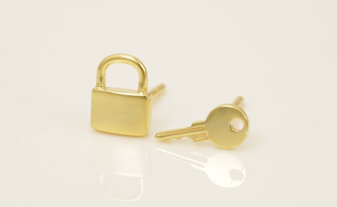 Lock and Key Stud Earrings, Minimalist Earrings, Key and Lock Mismatched Earrings, Key Stud Earrings, Gift for Her