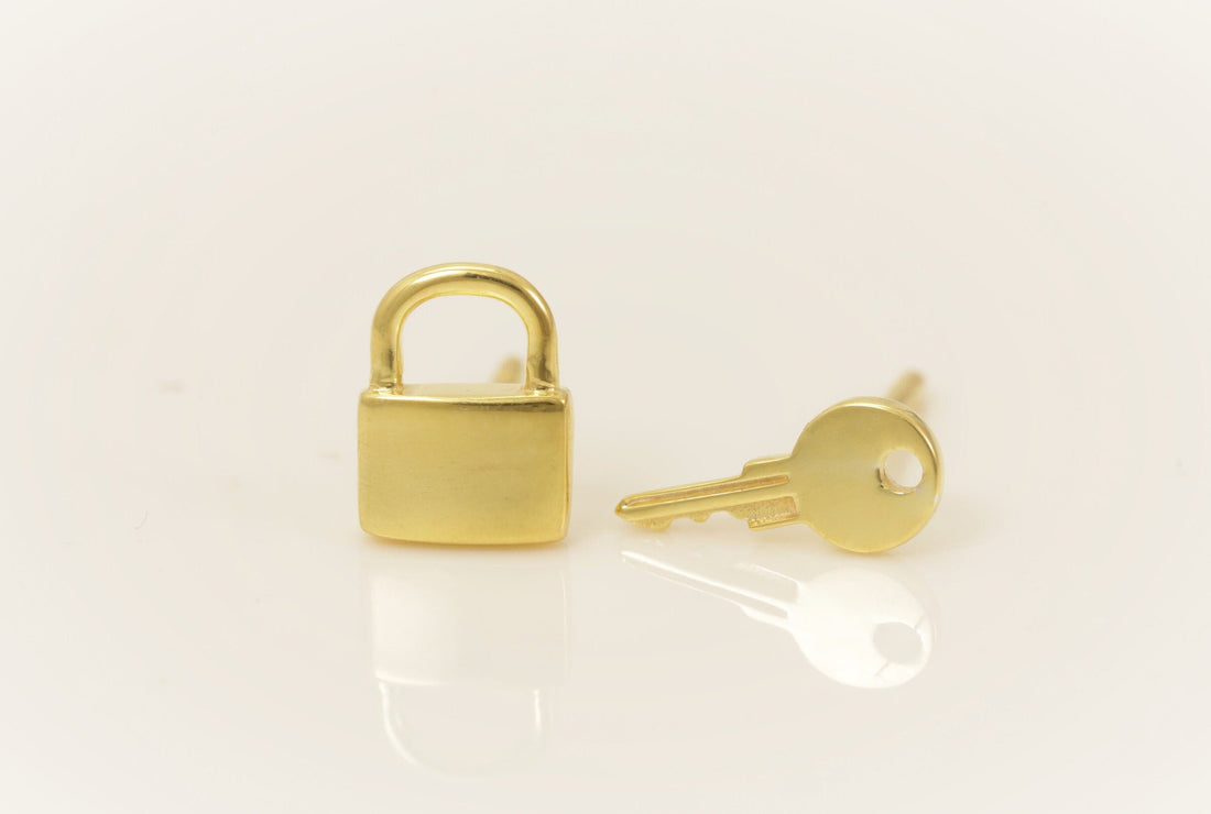 Lock and Key Stud Earrings, Minimalist Earrings, Key and Lock Mismatched Earrings, Key Stud Earrings, Gift for Her
