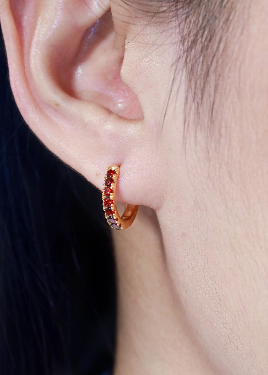 Seven Stones Garnet Hoop Earrings, January Birthstone Gifts, Huggie Hoop Earrings, Minimal Hoop Earrings Gift for Women