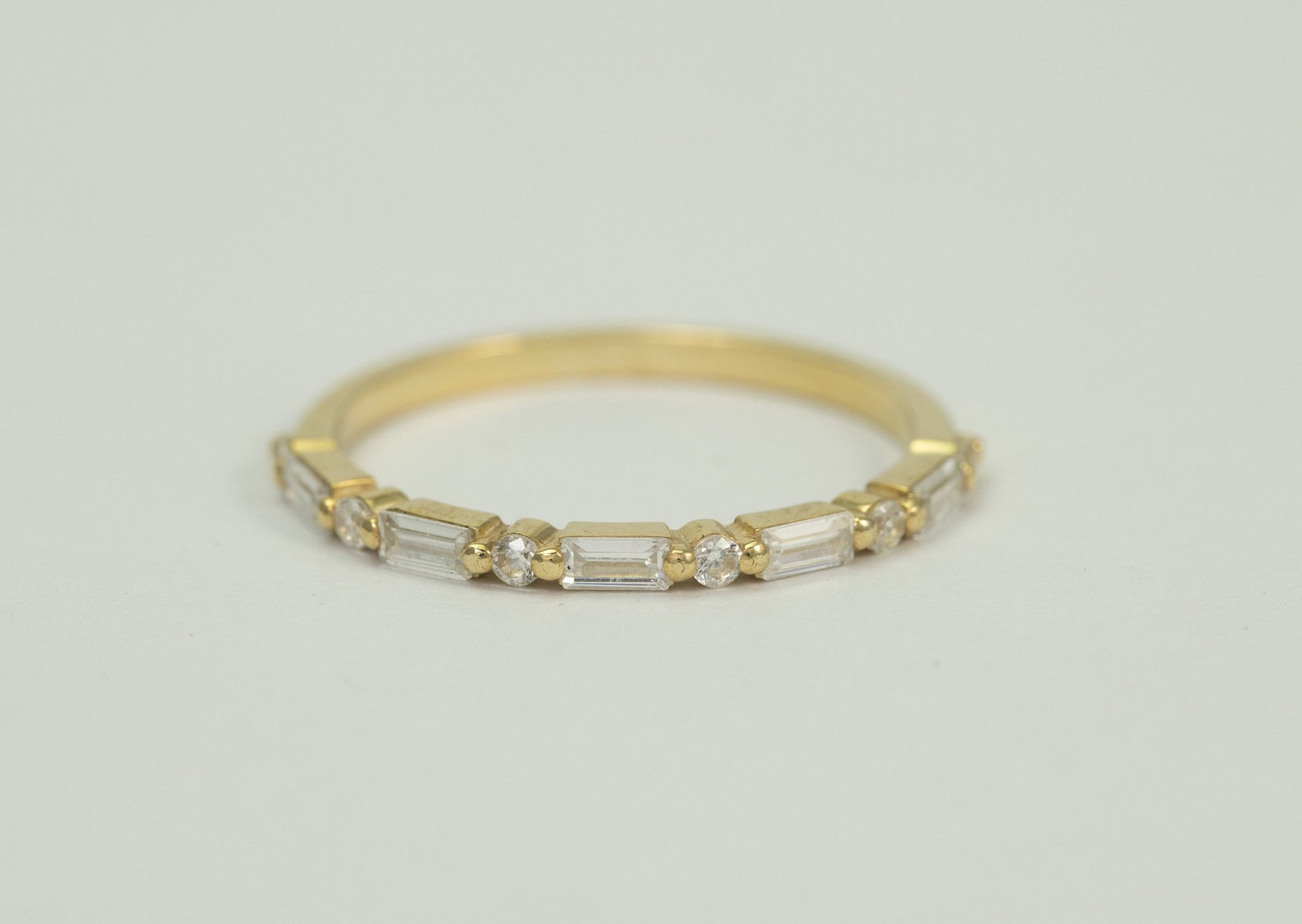 Baguette Moissanite Wedding Ring, Alternating Baguette and Round Moissanite Ring, Half Eternity Ring, Vintage Wedding Band