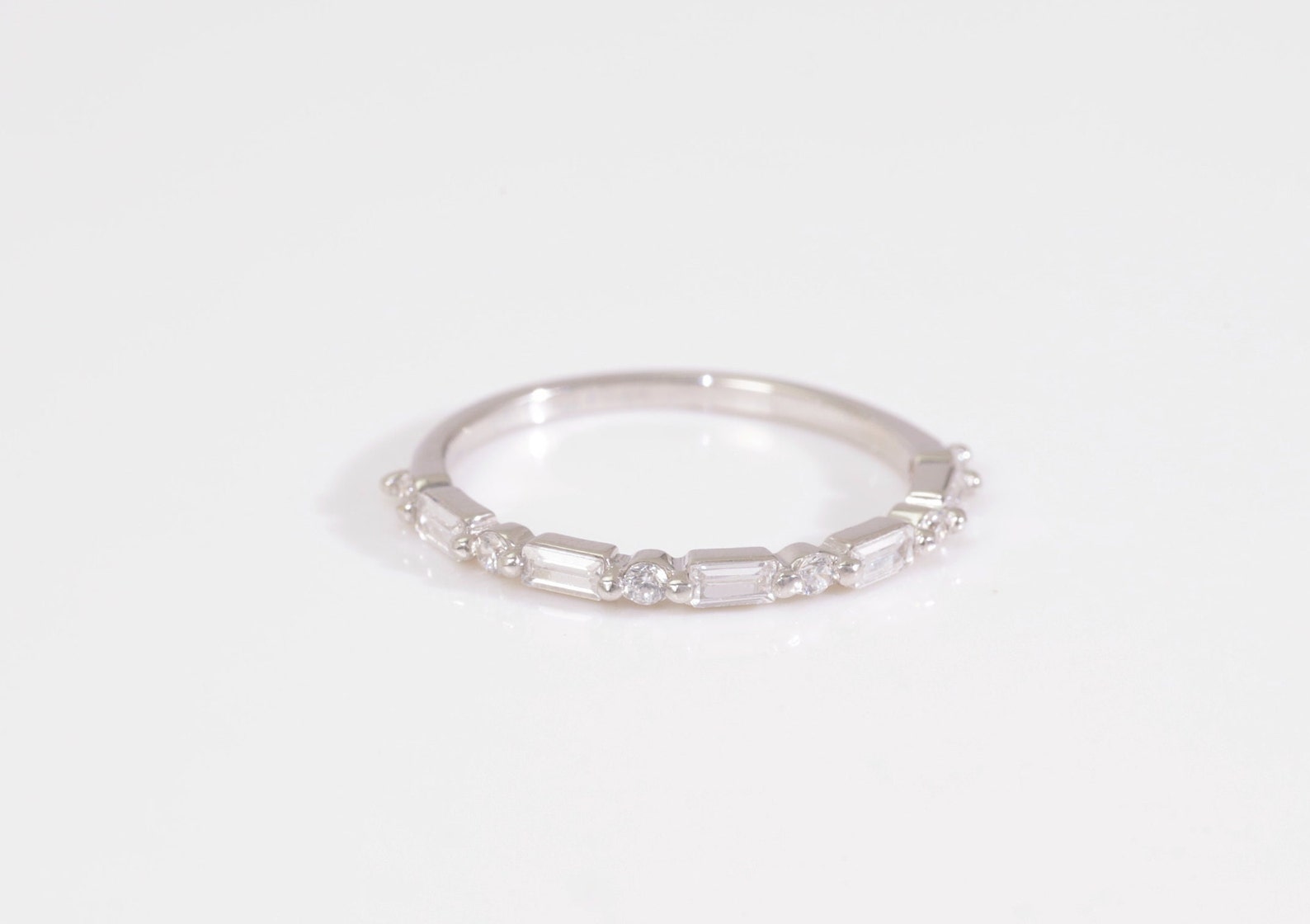 Baguette Moissanite Wedding Ring, Alternating Baguette and Round Moissanite Ring, Half Eternity Ring, Vintage Wedding Band